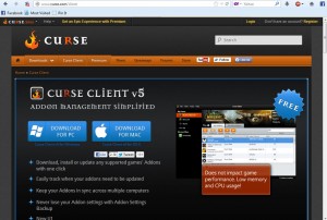 The Curse client webpage which is one way to install addons in World of Warcraft.
