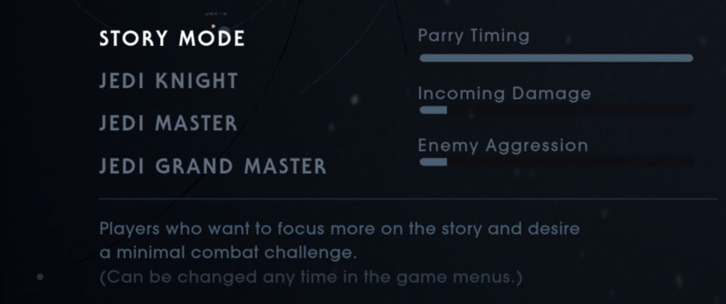 This week Short shows off Respawn Entertainment's recent developed Star Wars title that was published by Electronic Arts known as Star Wars Jedi: Fallen Order in this segment of Options for Accessibility. Seen is the action-adventure's Story Mode difficulty options.