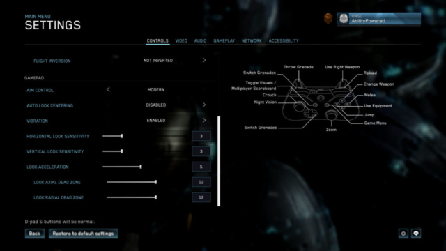 Seen are the continued controls settings screen for gamepad controls in Halo Master Chief Collection in today's Options for Accessibility.