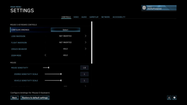 Seen are the controls settings screen for mouse and keyboard controls in Halo Master Chief Collection in today's Options for Accessibility.