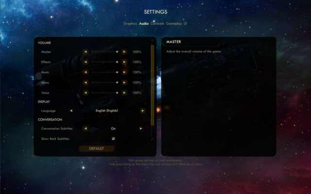 Seen are the audio settings for Obsidian Entertainment's RPG The Outer Worlds provided in today's Options for Accessibility.