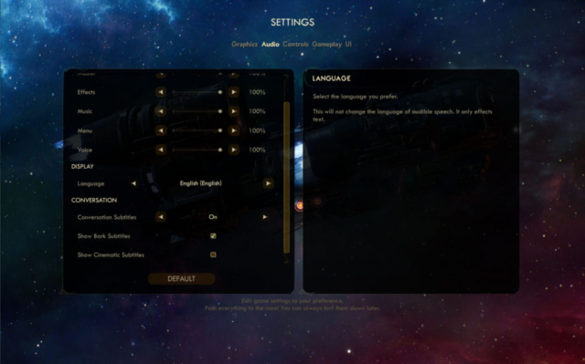 Seen are the continued audio settings for Obsidian Entertainment's RPG The Outer Worlds provided in today's Options for Accessibility.