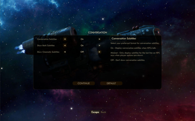 Seen are the conversation settings for Obsidian Entertainment's RPG The Outer Worlds provided in today's Options for Accessibility.