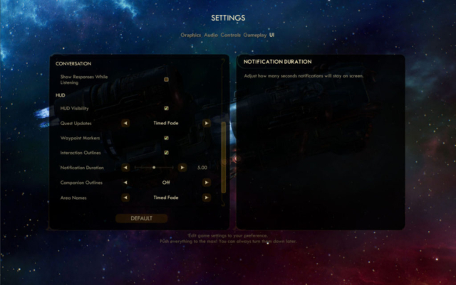 Seen are the continued user interface settings for Obsidian Entertainment's RPG The Outer Worlds provided in today's Options for Accessibility.